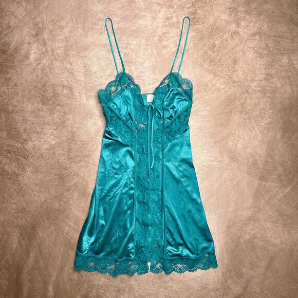 Vintage 70s Tres Chic Sheer Lace Mini Slip Dress Teal Sleeveless Lingerie Tie - Picture 1 of 7